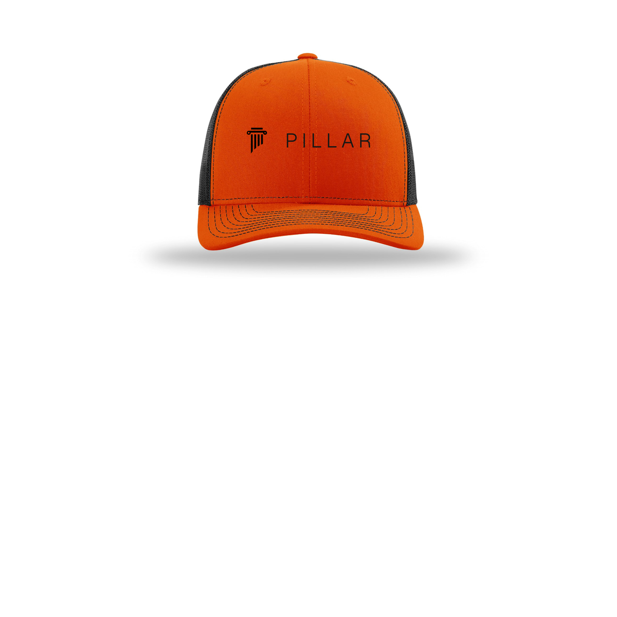 pillar-richardson-trucker-cap-embroidery-capfront-R112-orangeblack-flat-front