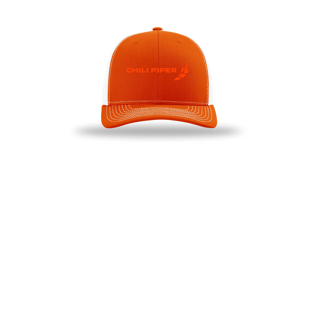 chilipiper-richardson-trucker-cap-embroidery-capfront-R112-orangewhite-flat-front