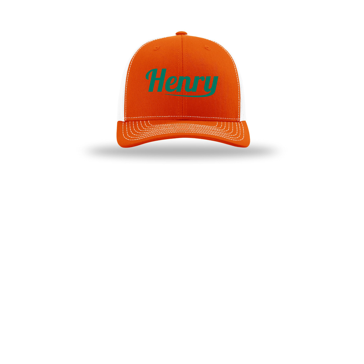 henrymeds-richardson-trucker-cap-embroidery-capfront-R112-orangewhite-flat-front