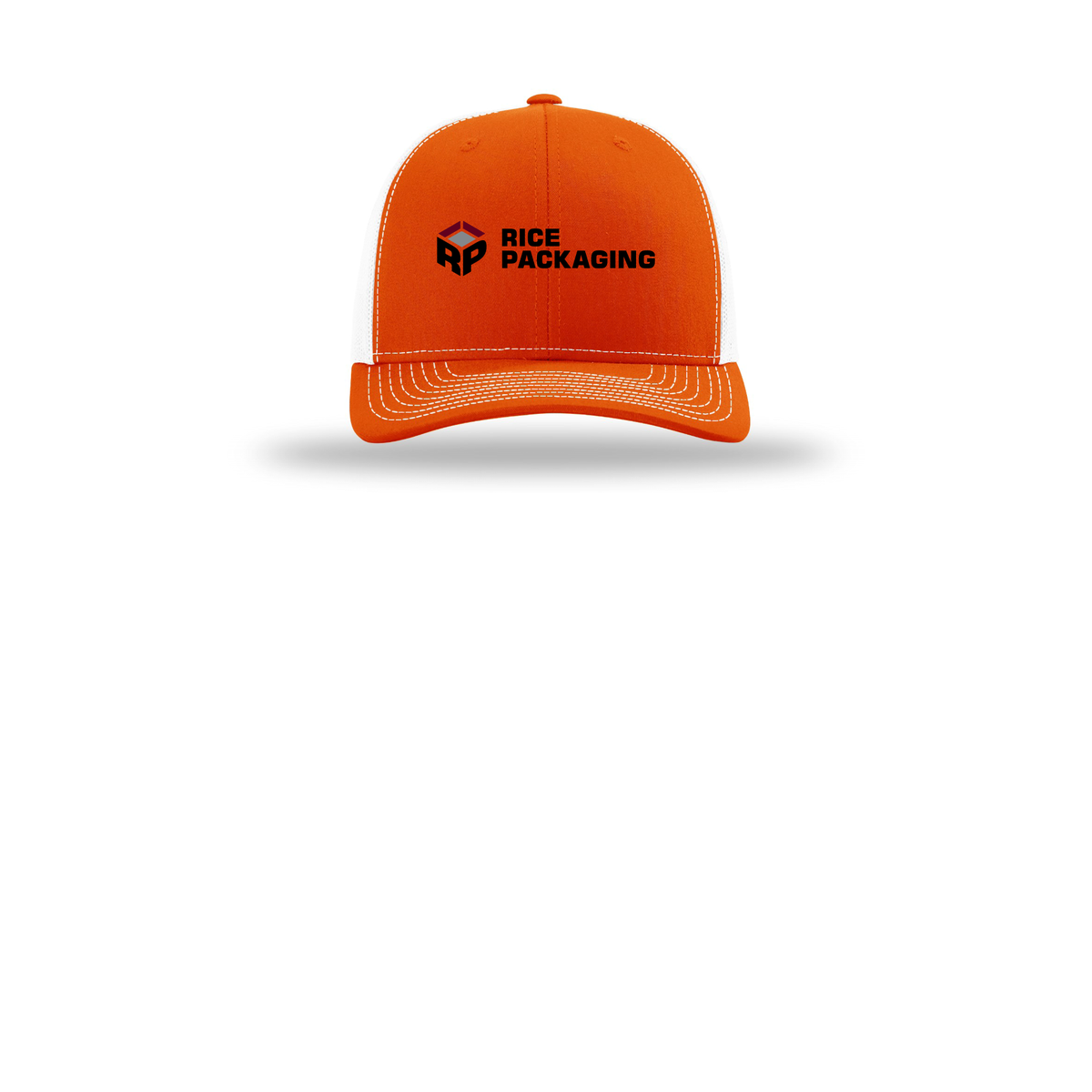 ricepackaging-richardson-trucker-cap-embroidery-capfront-R112-orangewhite-flat-front