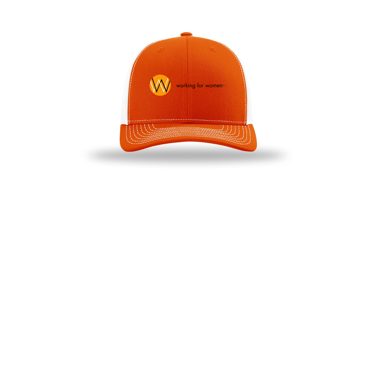 workingforwomen-richardson-trucker-cap-embroidery-capfront-R112-orangewhite-flat-front