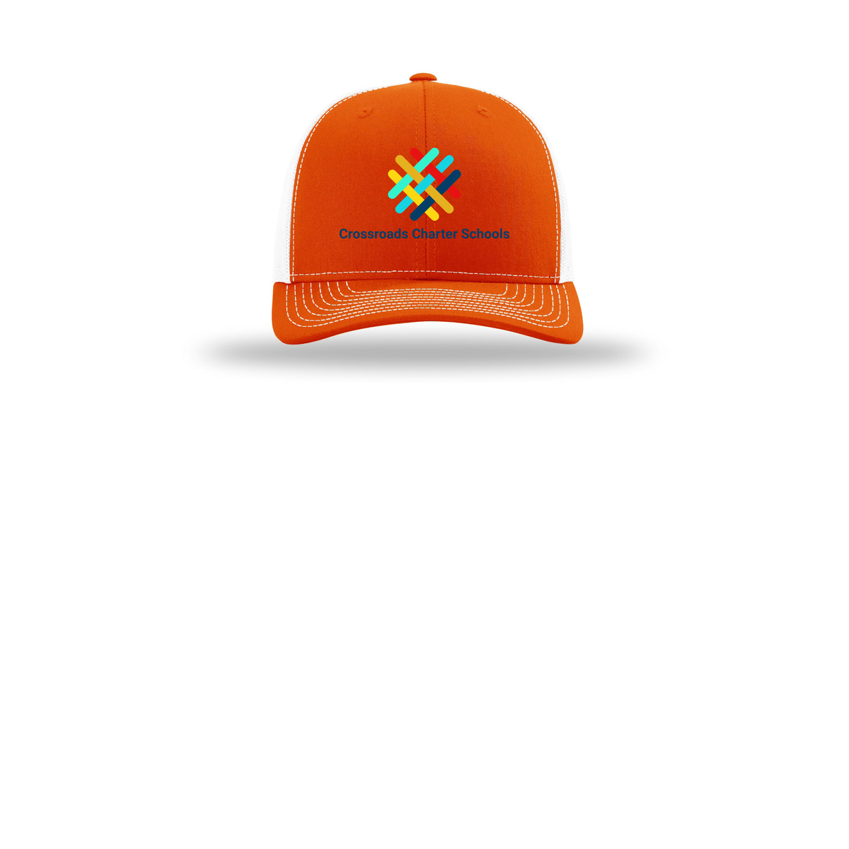 crossroadsschoolskc-richardson-trucker-cap-embroidery-capfront-R112-orangewhite-flat-front