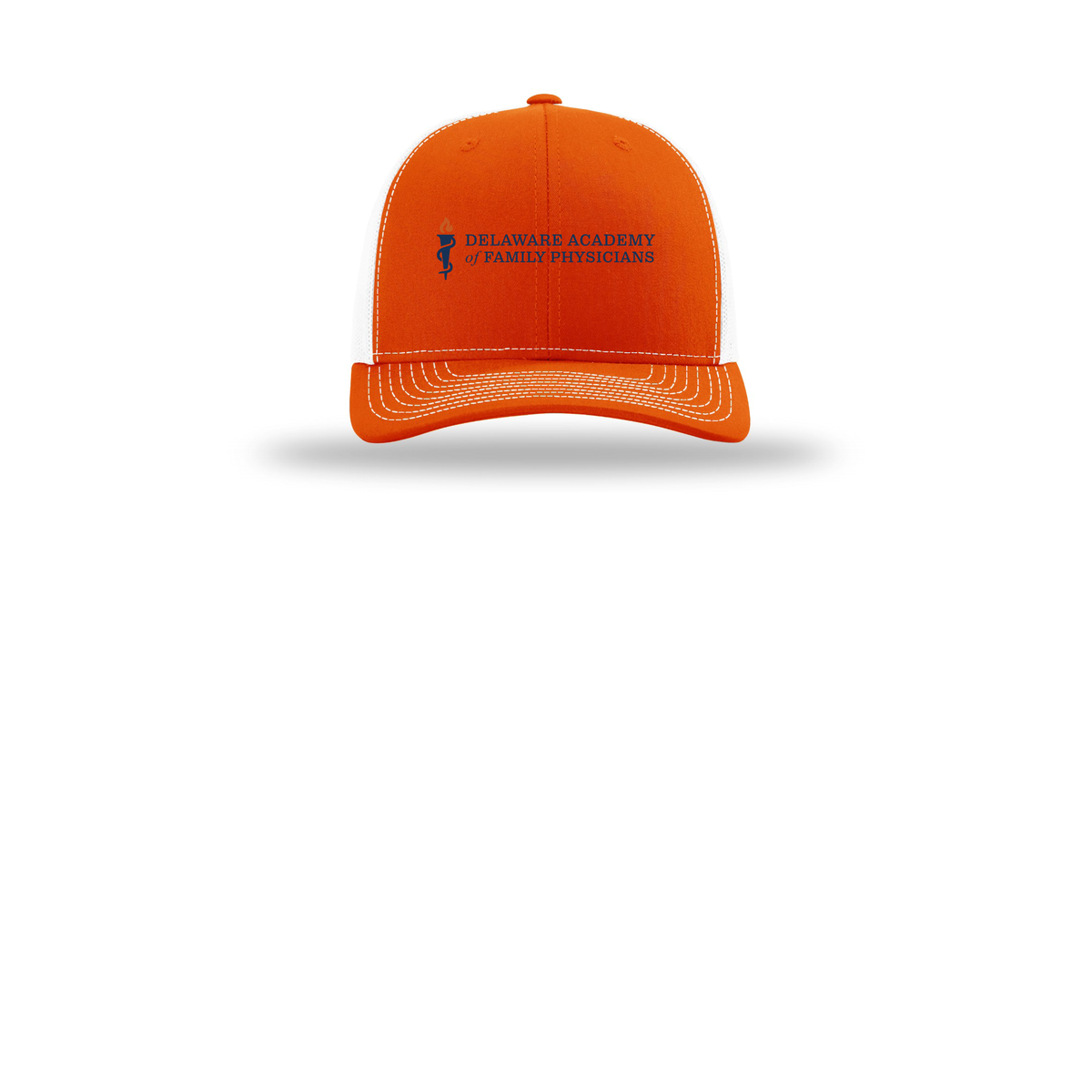 delfamdoc-richardson-trucker-cap-embroidery-capfront-R112-orangewhite-flat-front