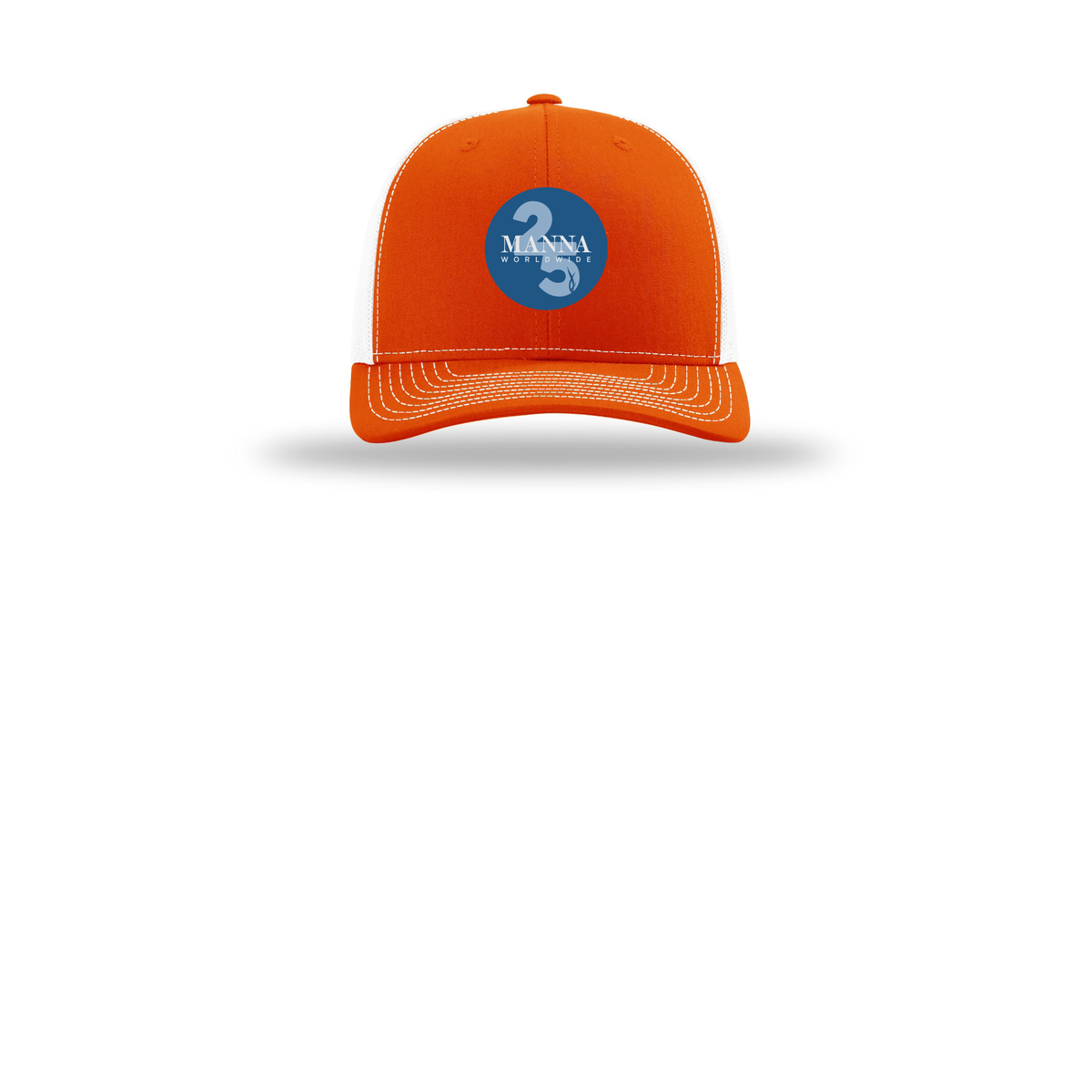 mannaworldwide-richardson-trucker-cap-embroidery-capfront-R112-orangewhite-flat-front