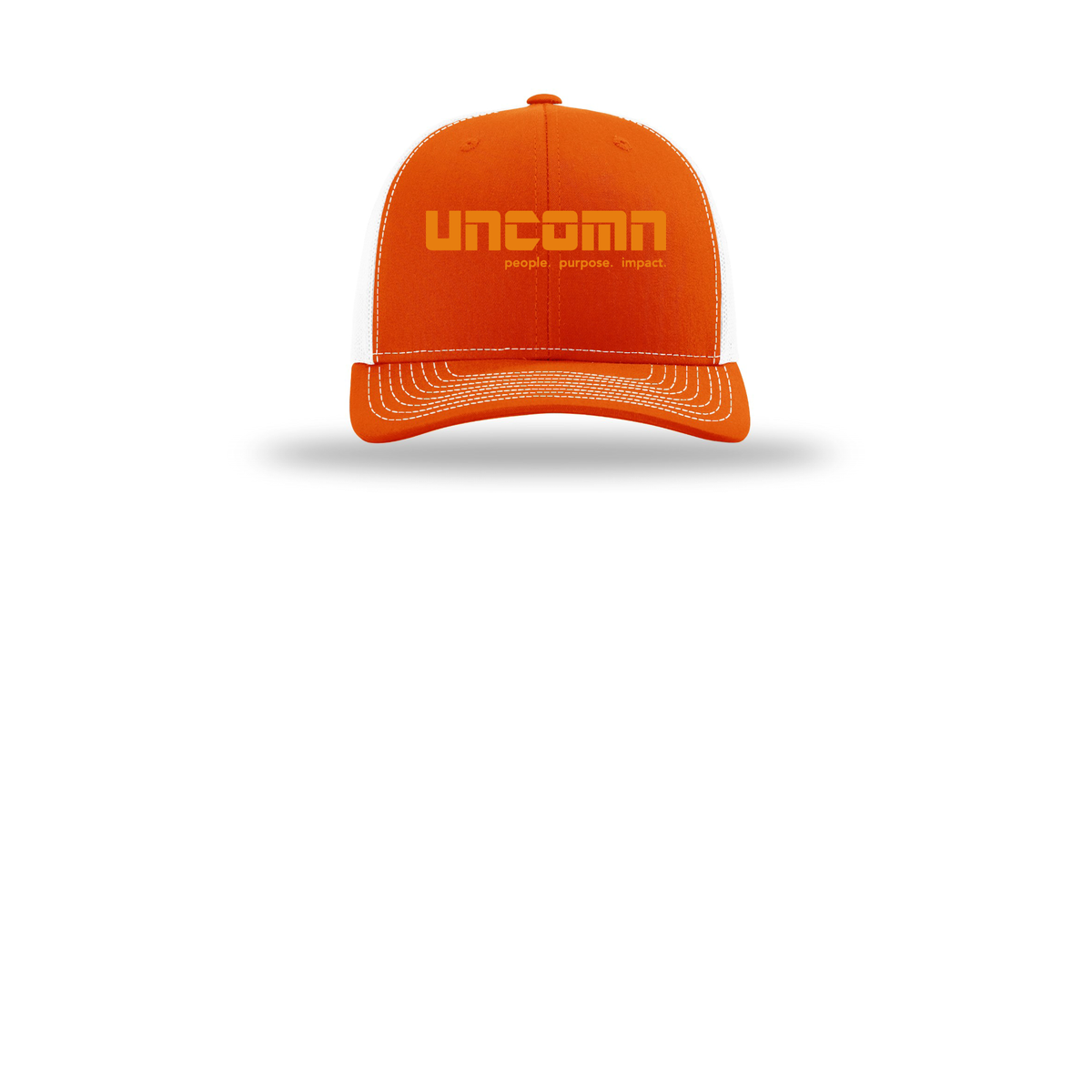 uncomn-richardson-trucker-cap-embroidery-capfront-R112-orangewhite-flat-front