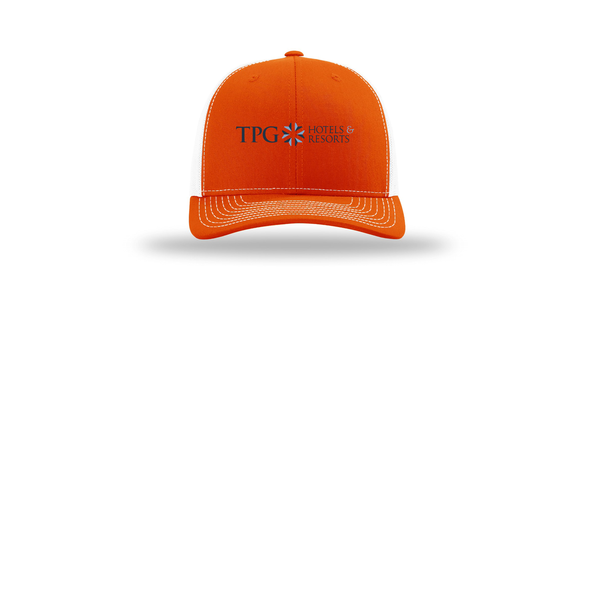 tpghotelsandresorts-richardson-trucker-cap-embroidery-capfront-R112-orangewhite-flat-front