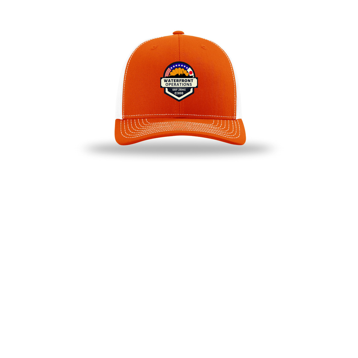 waterfront-operations-retro-trucker-cap-embroidery-capfront-R112-orangewhite-flat-front