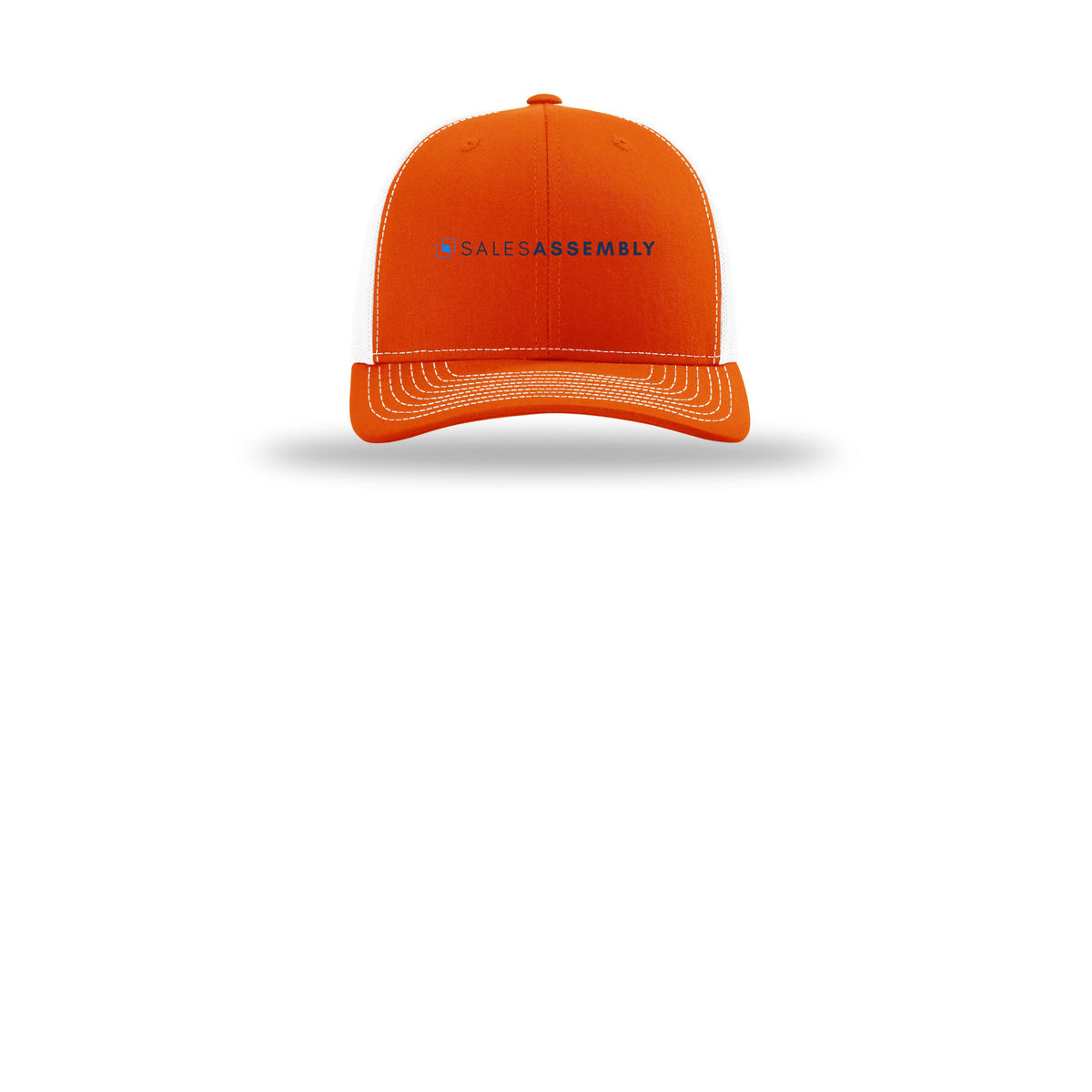 salesassembly-richardson-trucker-cap-embroidery-capfront-R112-orangewhite-flat-front