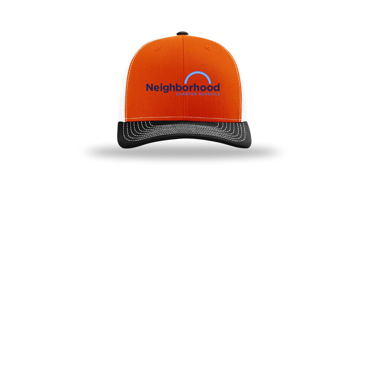 ncschools-richardson-trucker-cap-embroidery-capfront-R112-orangewhiteblack-flat-front