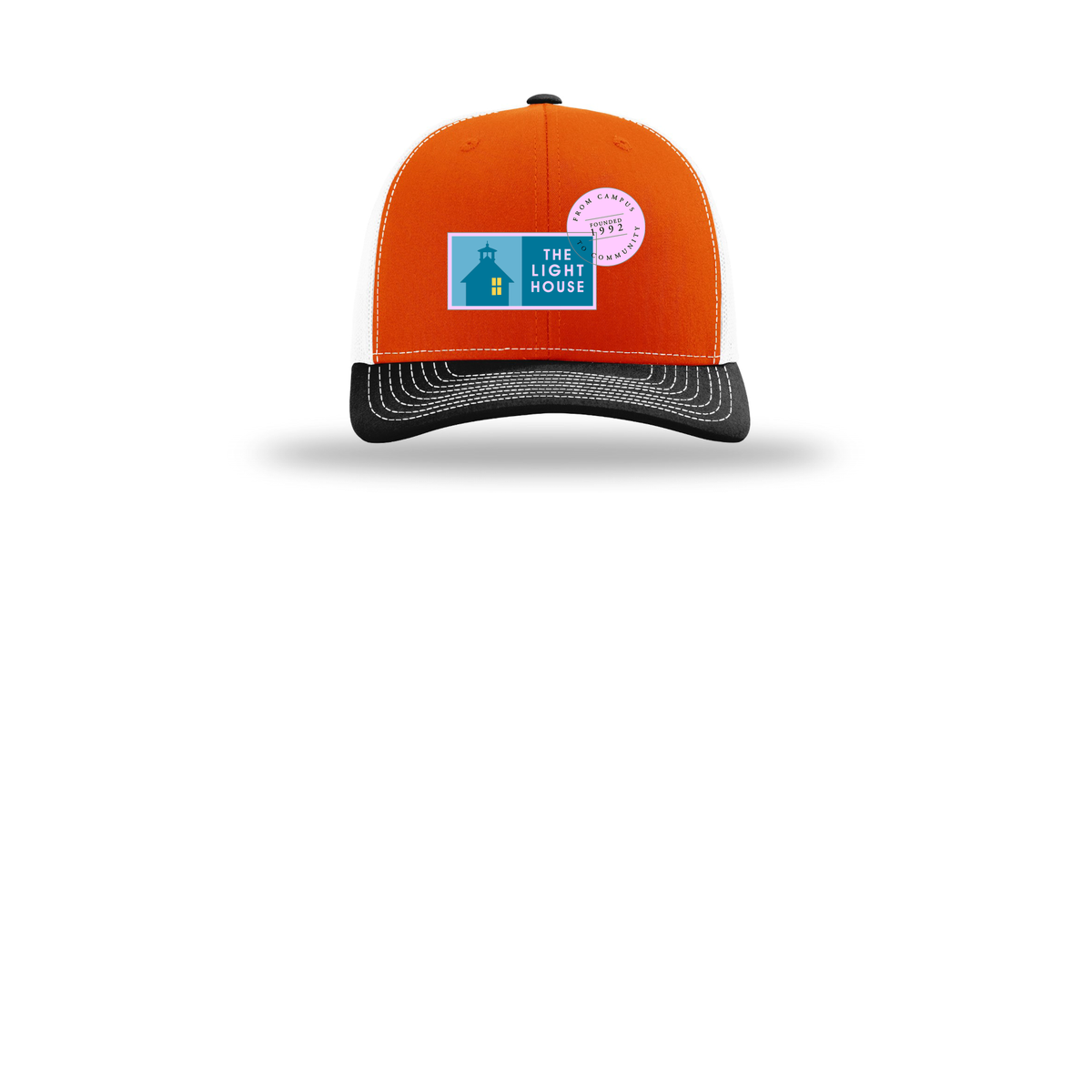 lhcampus-richardson-trucker-cap-embroidery-capfront-R112-orangewhiteblack-flat-front
