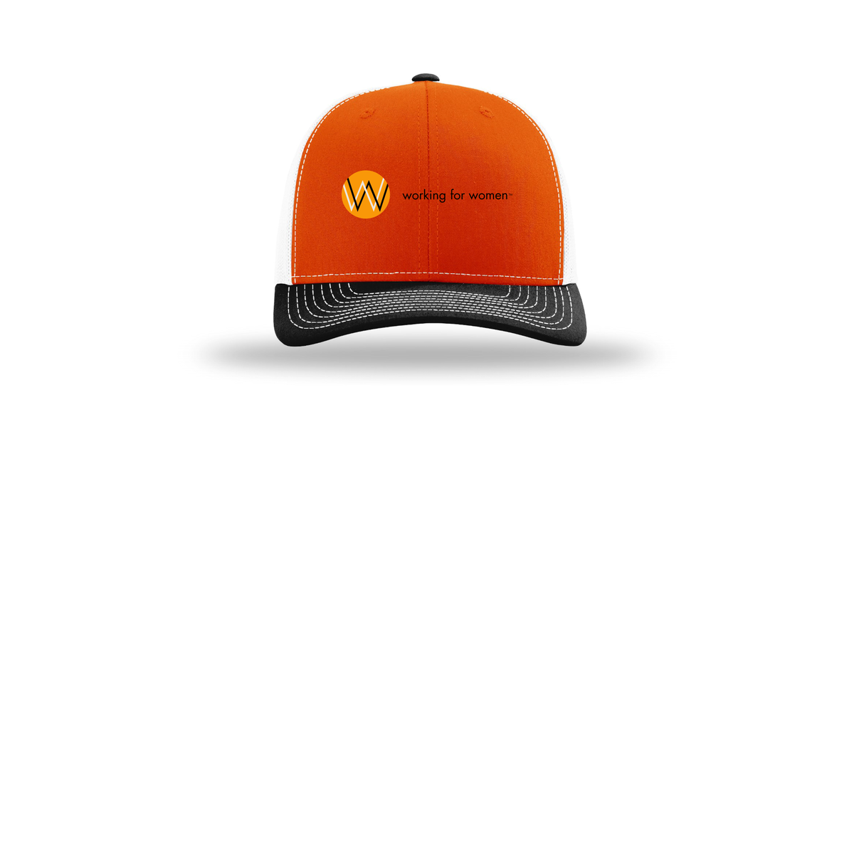 workingforwomen-richardson-trucker-cap-embroidery-capfront-R112-orangewhiteblack-flat-front