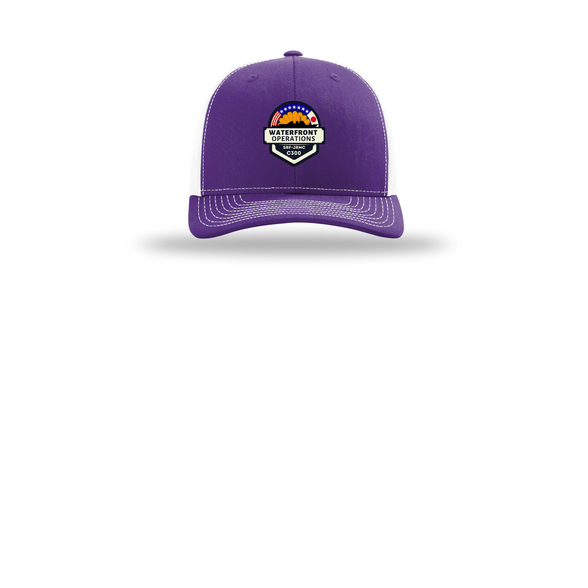 waterfront-operations-retro-trucker-cap-embroidery-capfront-R112-purplewhite-flat-front
