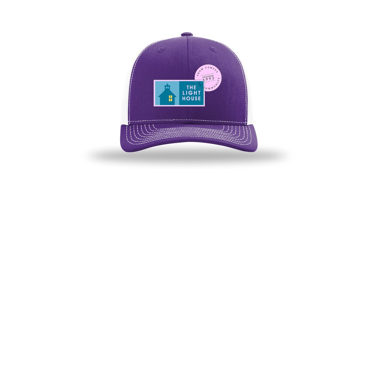 lhcampus-richardson-trucker-cap-embroidery-capfront-R112-purplewhite-flat-front