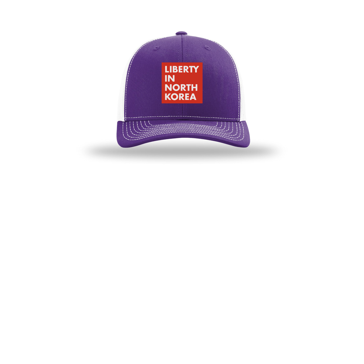 libertyinnorthkorea-richardson-trucker-cap-embroidery-capfront-R112-purplewhite-flat-front
