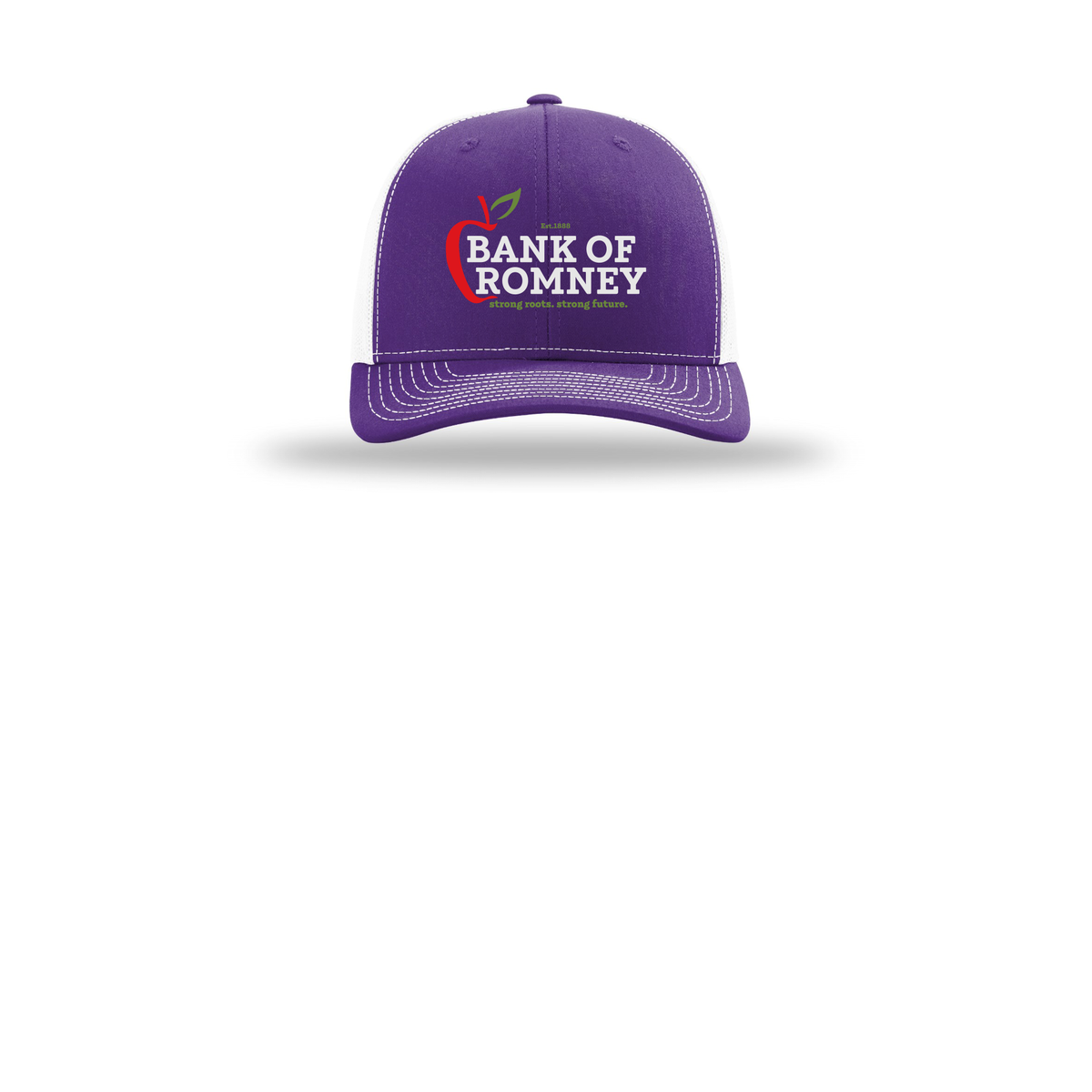 bankofromney-richardson-trucker-cap-embroidery-capfront-R112-purplewhite-flat-front