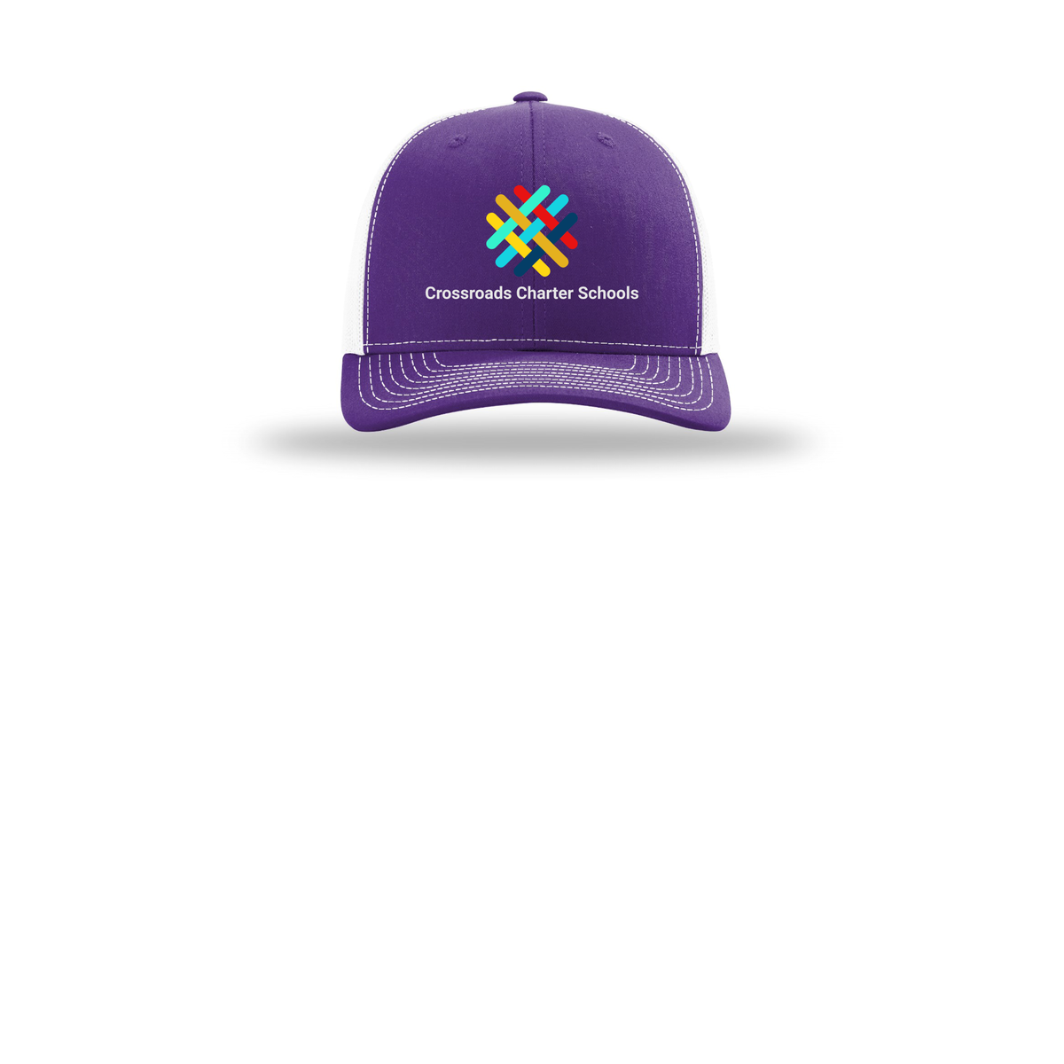 crossroadsschoolskc-richardson-trucker-cap-embroidery-capfront-R112-purplewhite-flat-front