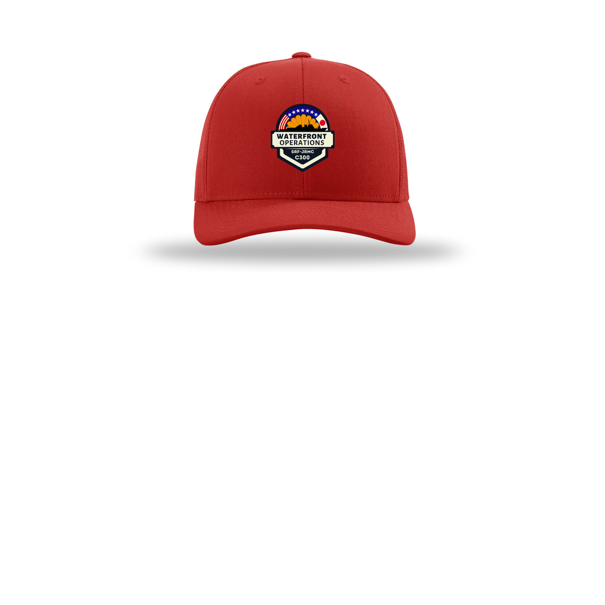 waterfront-operations-retro-trucker-cap-embroidery-capfront-R112-red-flat-front