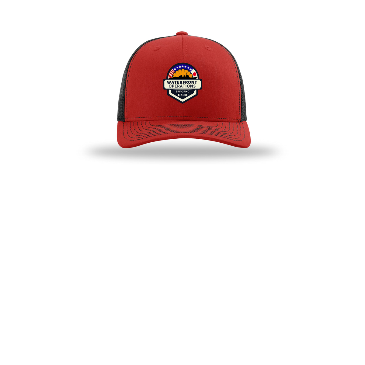 waterfront-operations-retro-trucker-cap-embroidery-capfront-R112-redblack-flat-front