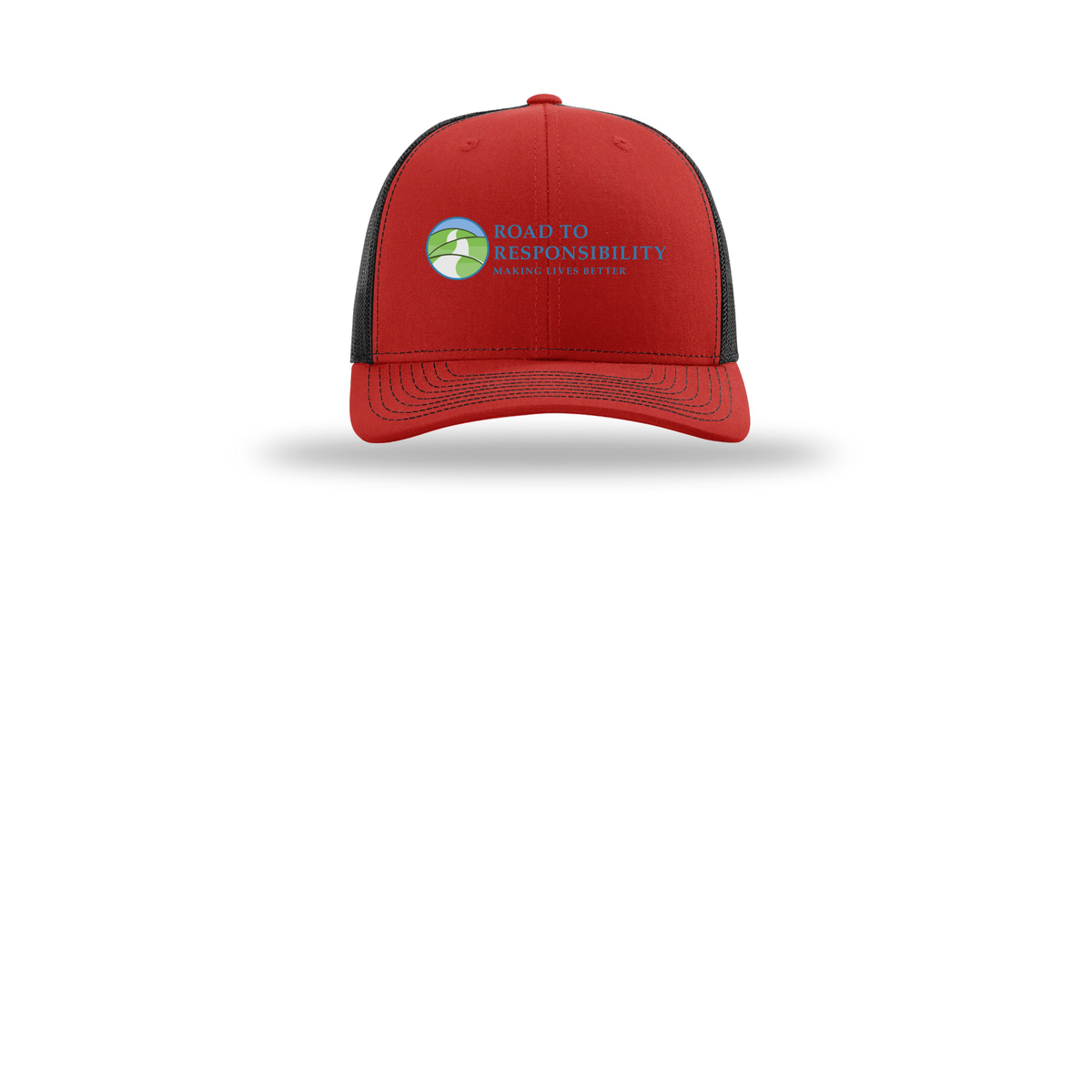 roadtoresponsibility-richardson-trucker-cap-embroidery-capfront-R112-redblack-flat-front