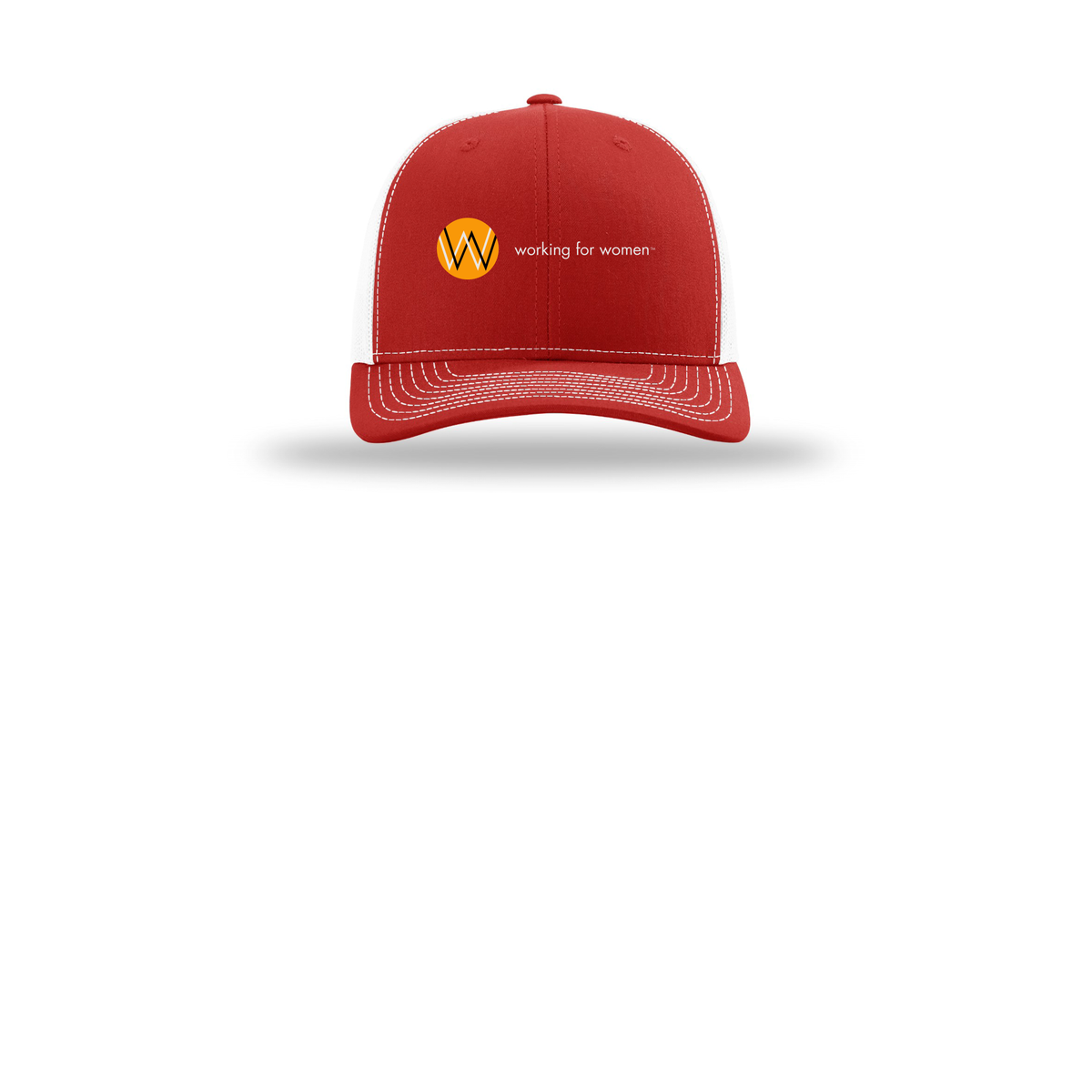 workingforwomen-richardson-trucker-cap-embroidery-capfront-R112-redwhite-flat-front
