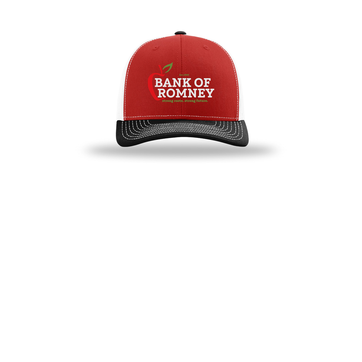 bankofromney-richardson-trucker-cap-embroidery-capfront-R112-redwhiteblack-flat-front