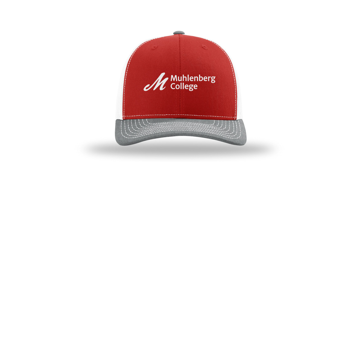 muhlenberg-richardson-trucker-cap-embroidery-capfront-R112-redwhiteheathergrey-flat-front