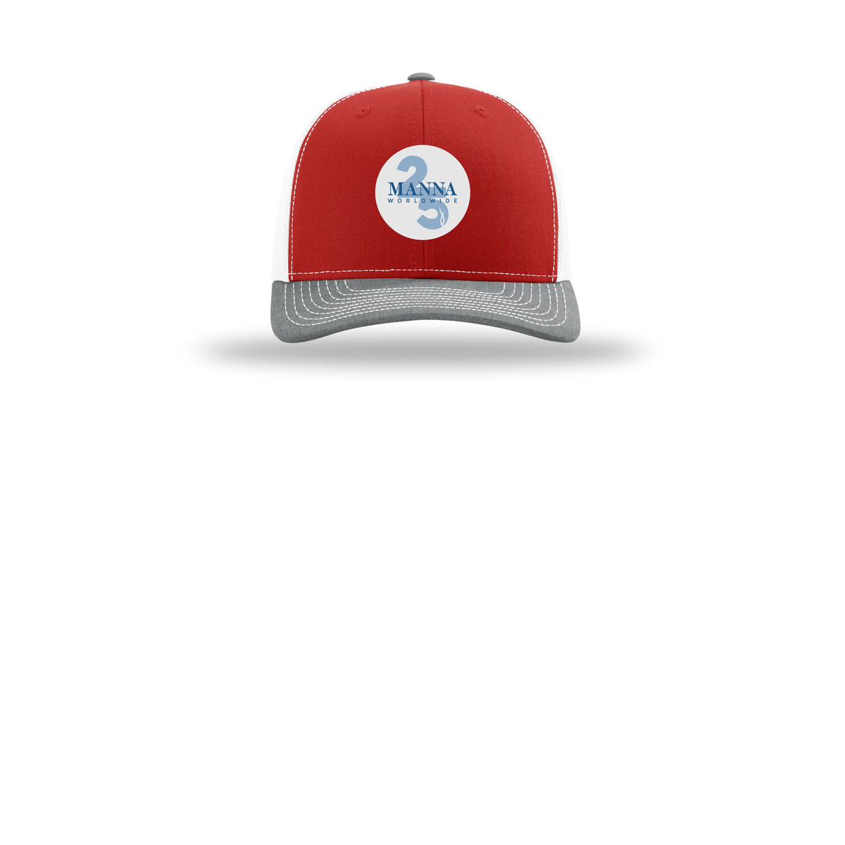 mannaworldwide-richardson-trucker-cap-embroidery-capfront-R112-redwhiteheathergrey-flat-front
