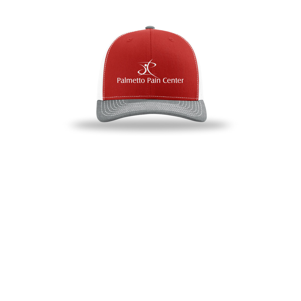 palmetto-pain-center-richardson-trucker-cap-embroidery-capfront-R112-redwhiteheathergrey-flat-front