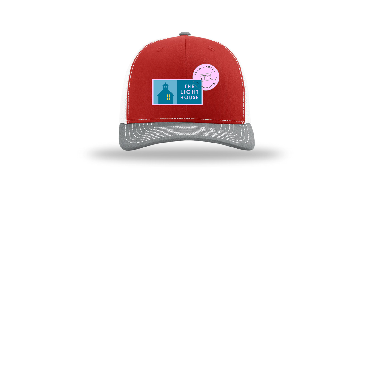 lhcampus-richardson-trucker-cap-embroidery-capfront-R112-redwhiteheathergrey-flat-front