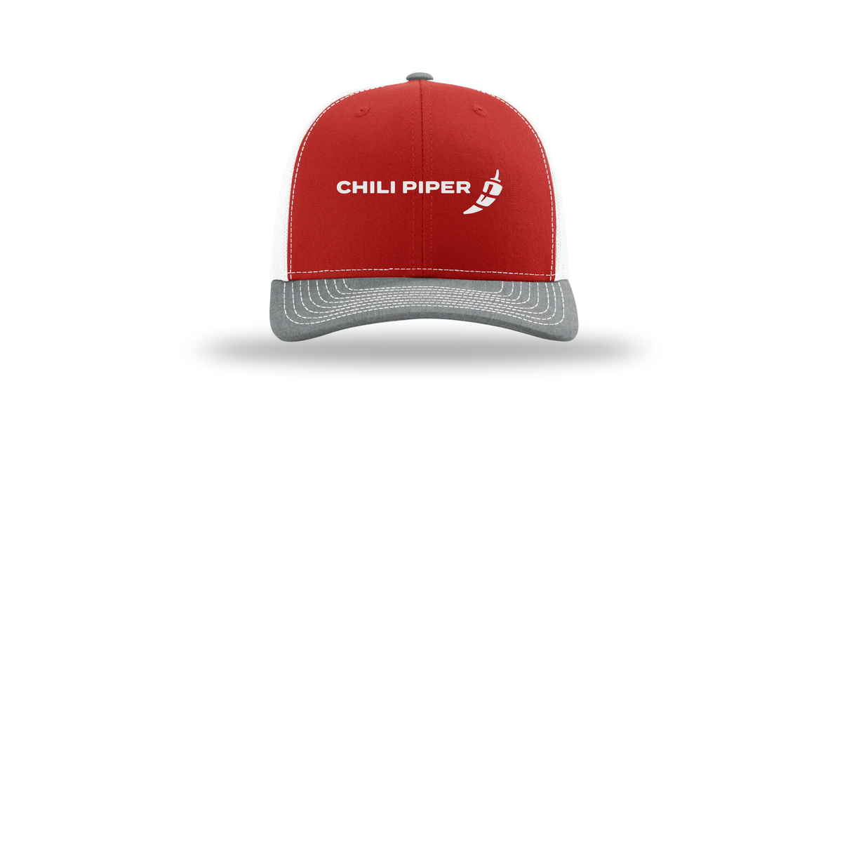 chilipiper-richardson-trucker-cap-embroidery-capfront-R112-redwhiteheathergrey-flat-front