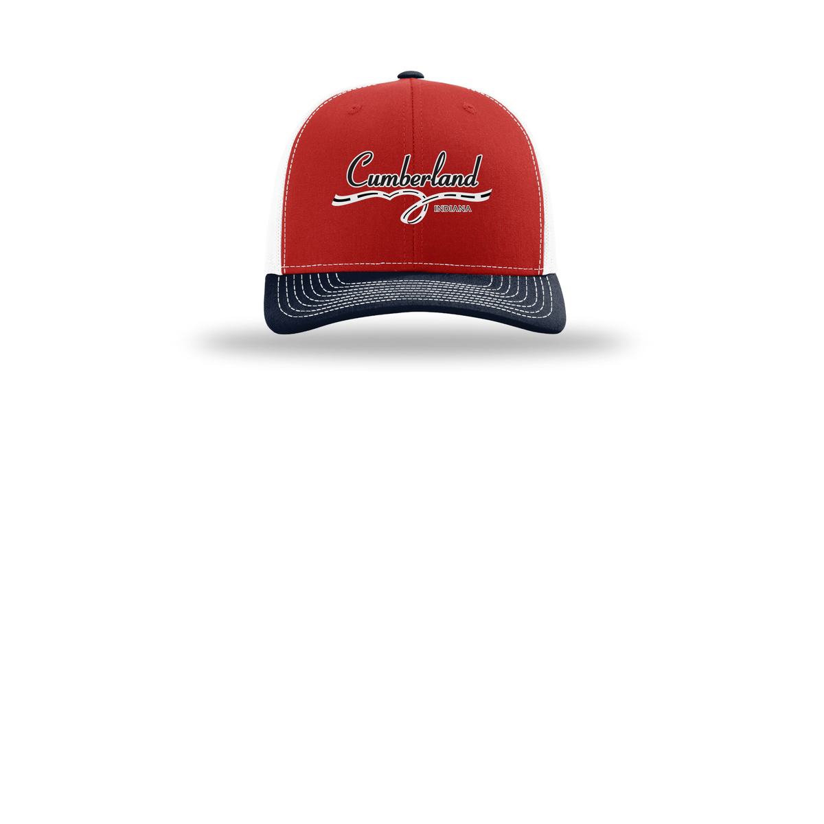 cumberland-richardson-trucker-cap-embroidery-capfront-R112-redwhitenavy-flat-front