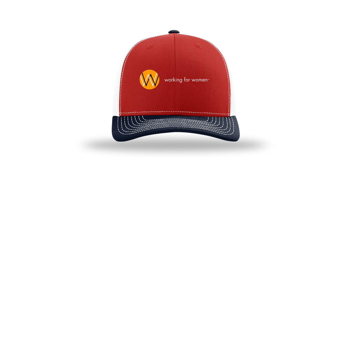 workingforwomen-richardson-trucker-cap-embroidery-capfront-R112-redwhitenavy-flat-front