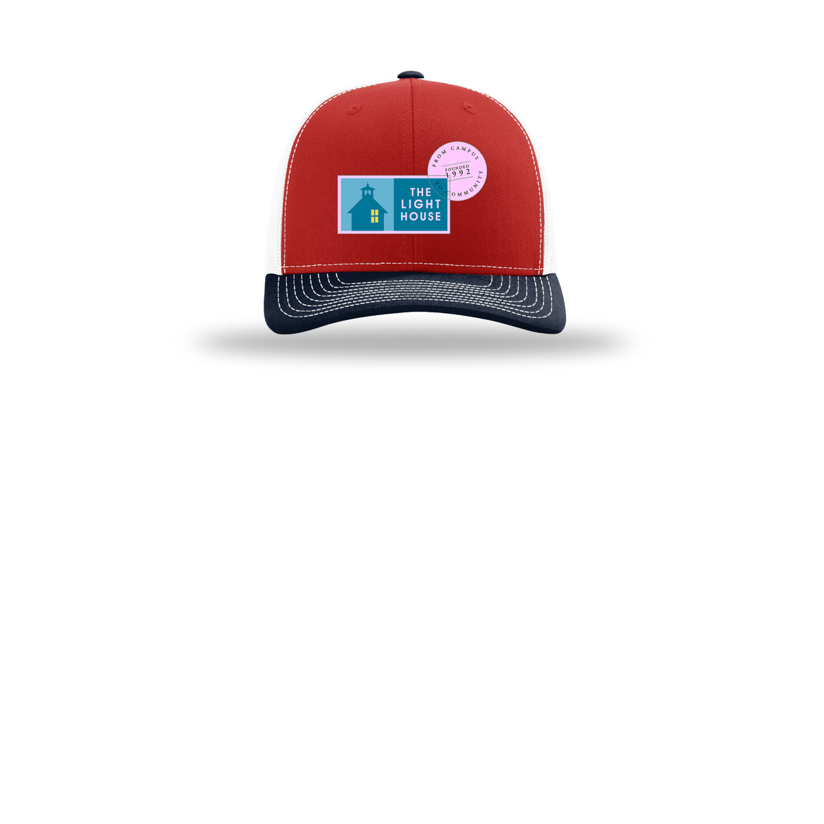lhcampus-richardson-trucker-cap-embroidery-capfront-R112-redwhitenavy-flat-front
