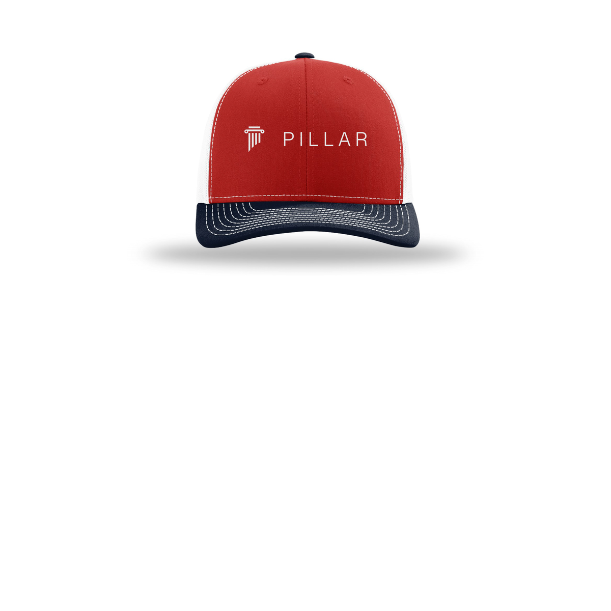 pillar-richardson-trucker-cap-embroidery-capfront-R112-redwhitenavy-flat-front