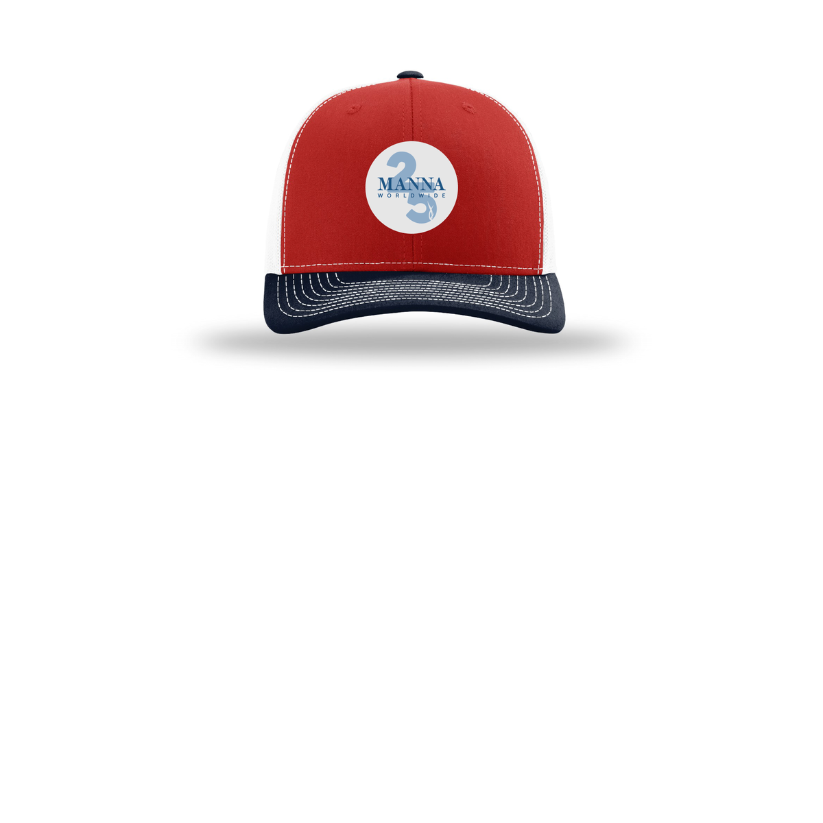 mannaworldwide-richardson-trucker-cap-embroidery-capfront-R112-redwhitenavy-flat-front