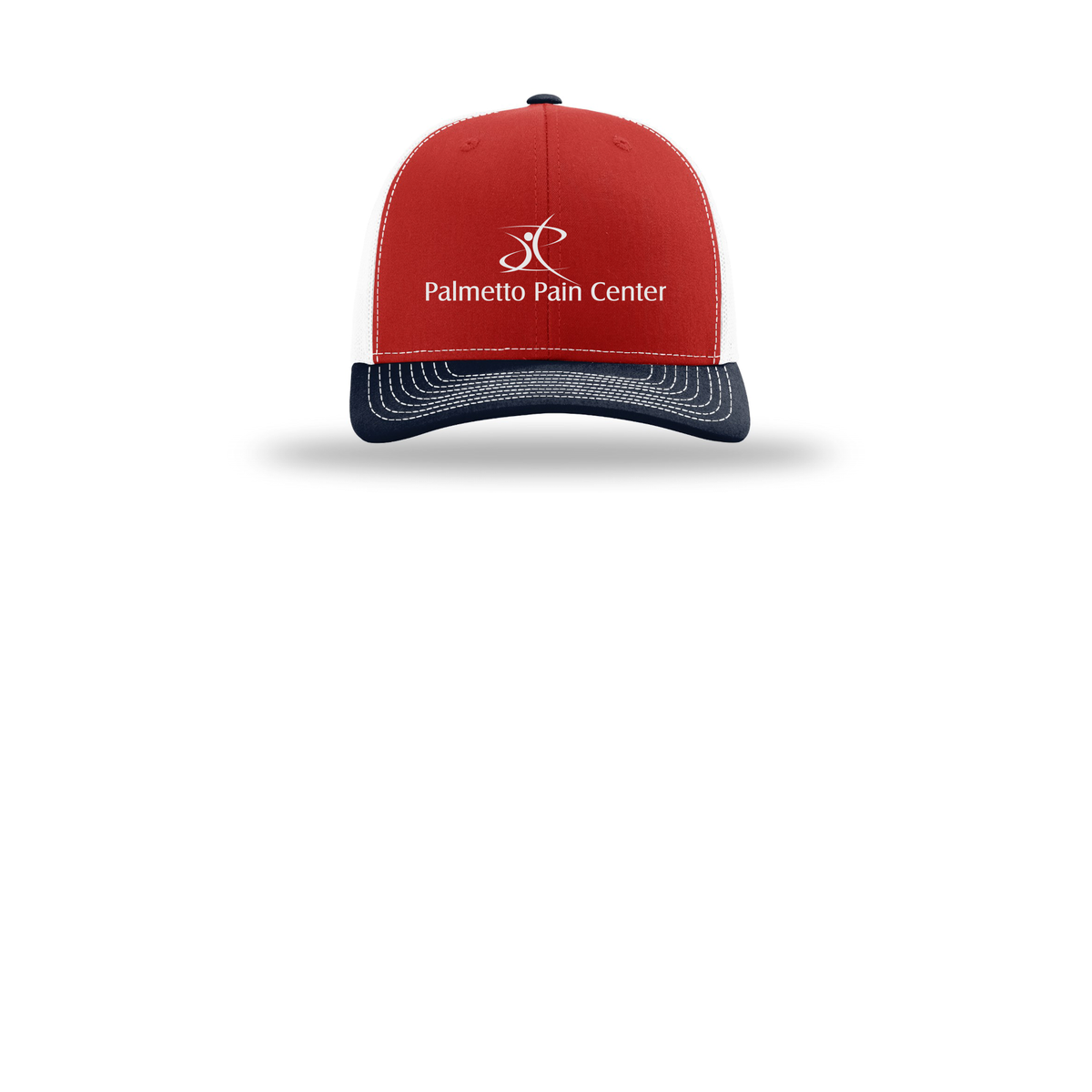palmetto-pain-center-richardson-trucker-cap-embroidery-capfront-R112-redwhitenavy-flat-front