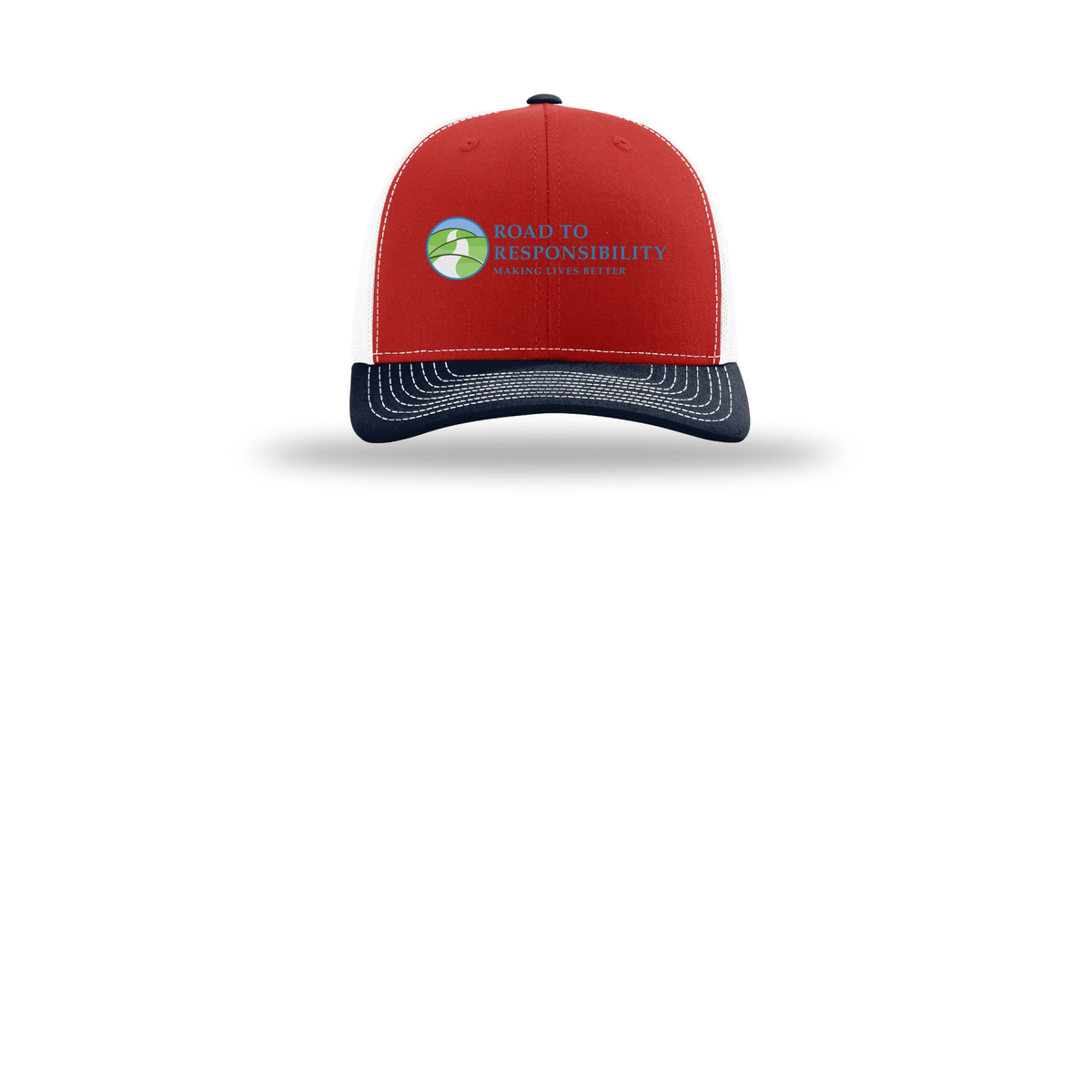 roadtoresponsibility-richardson-trucker-cap-embroidery-capfront-R112-redwhitenavy-flat-front