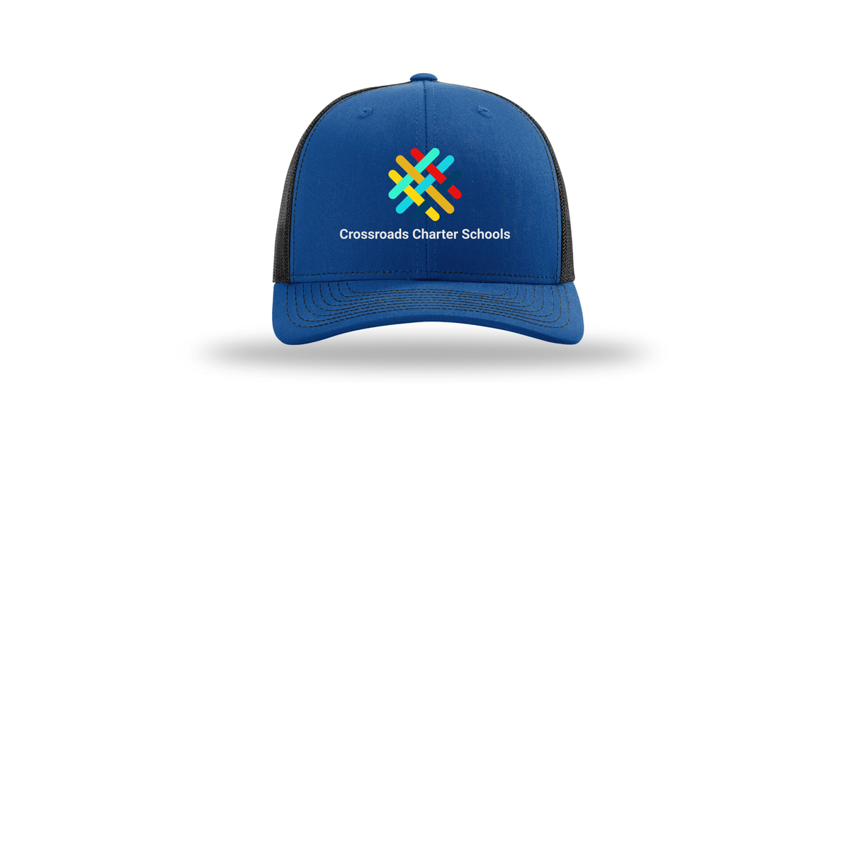 crossroadsschoolskc-richardson-trucker-cap-embroidery-capfront-R112-royalblack-flat-front