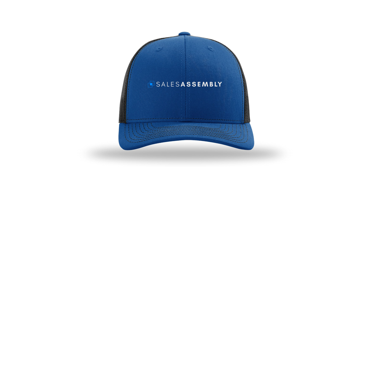salesassembly-richardson-trucker-cap-embroidery-capfront-R112-royalblack-flat-front