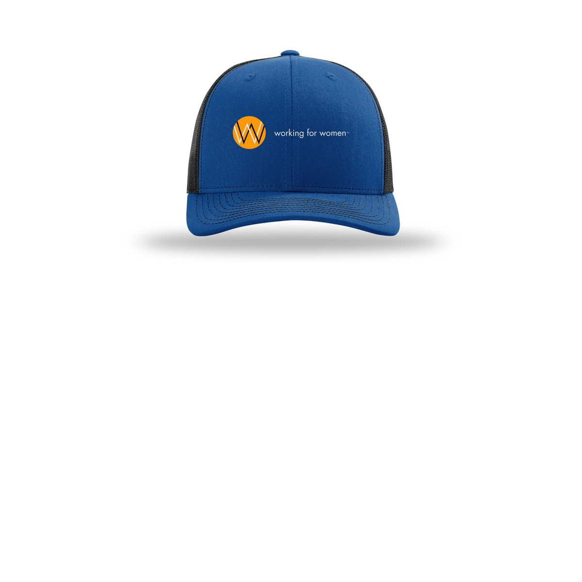 workingforwomen-richardson-trucker-cap-embroidery-capfront-R112-royalblack-flat-front