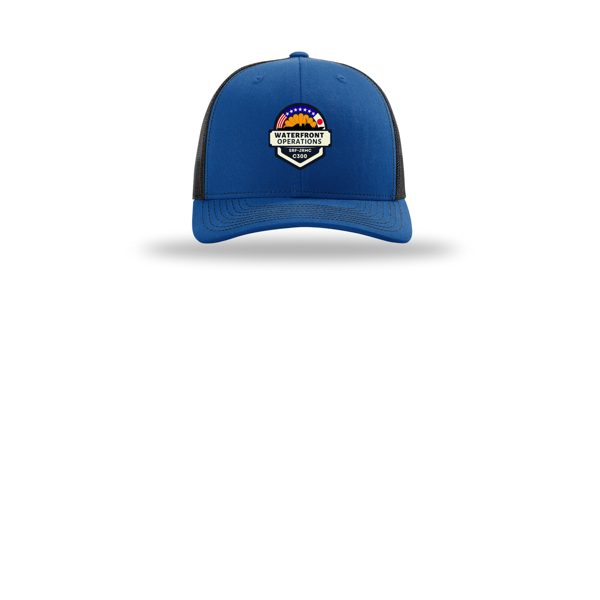 waterfront-operations-retro-trucker-cap-embroidery-capfront-R112-royalblack-flat-front
