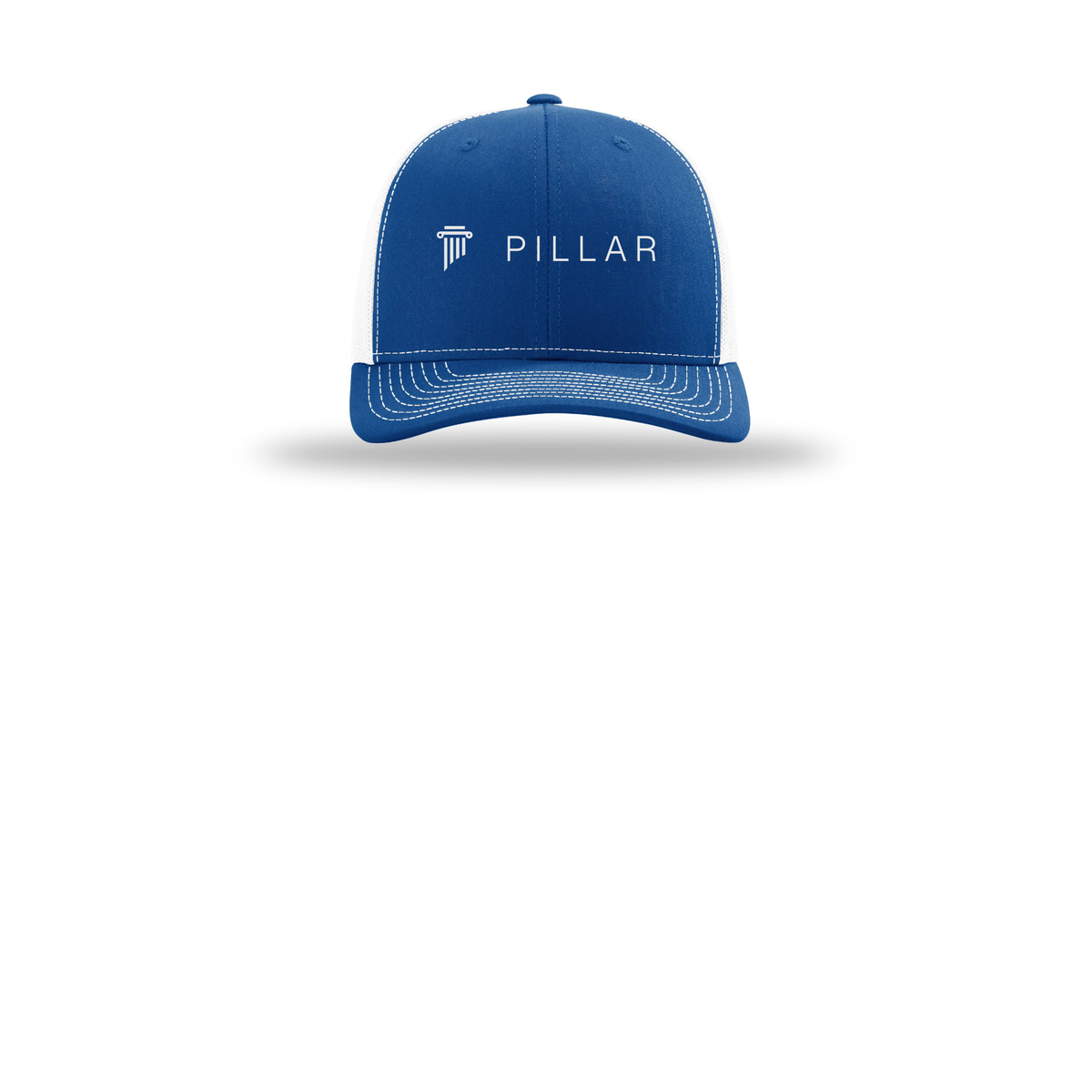 pillar-richardson-trucker-cap-embroidery-capfront-R112-royalwhite-flat-front