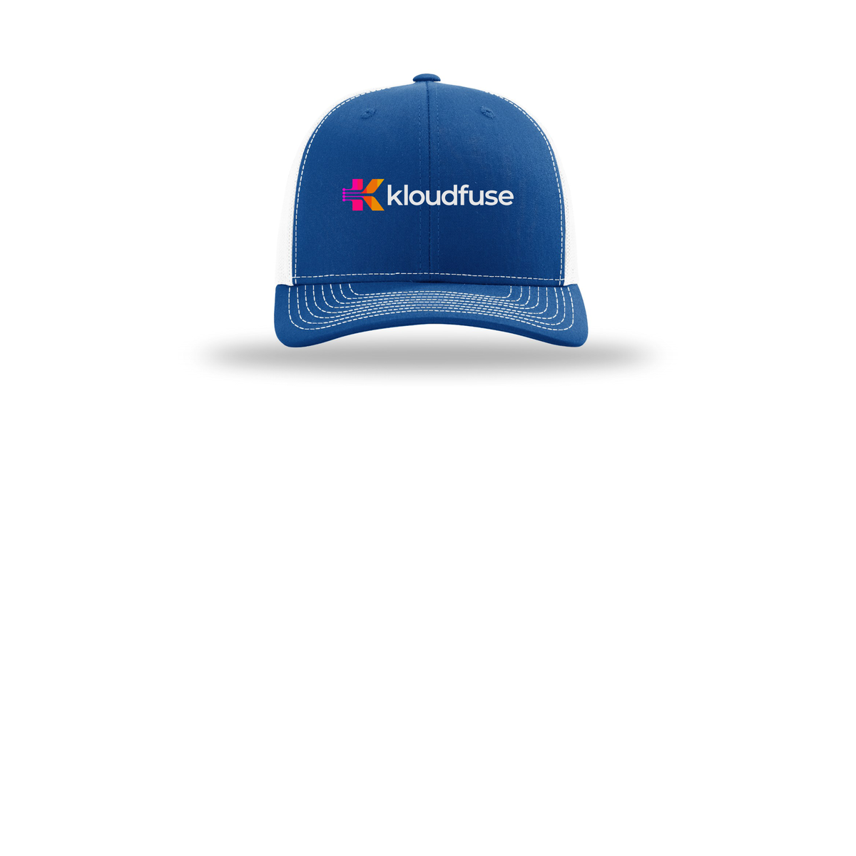 kloudfuse-richardson-trucker-cap-embroidery-capfront-R112-royalwhite-flat-front