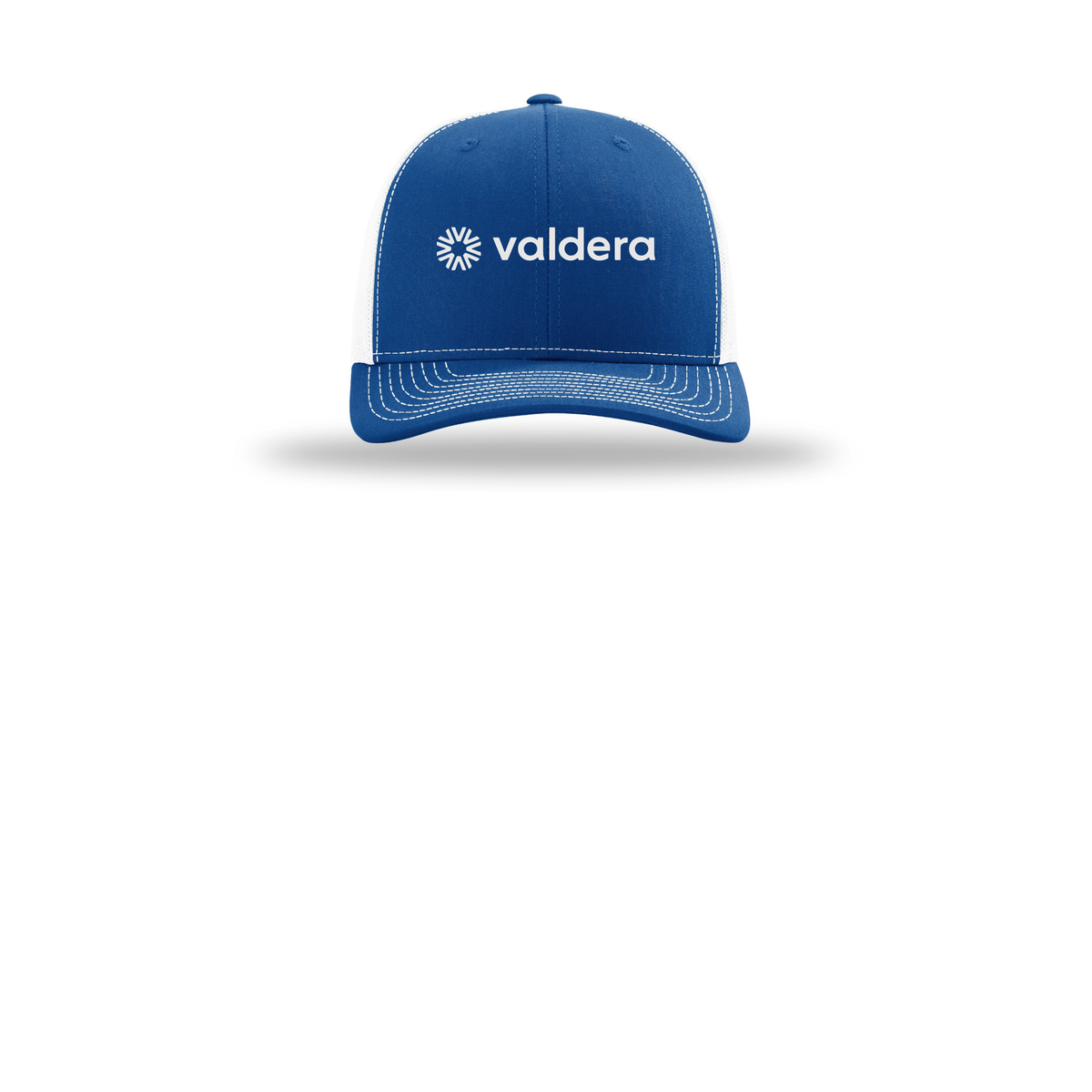 valdera-richardson-trucker-cap-embroidery-capfront-R112-royalwhite-flat-front