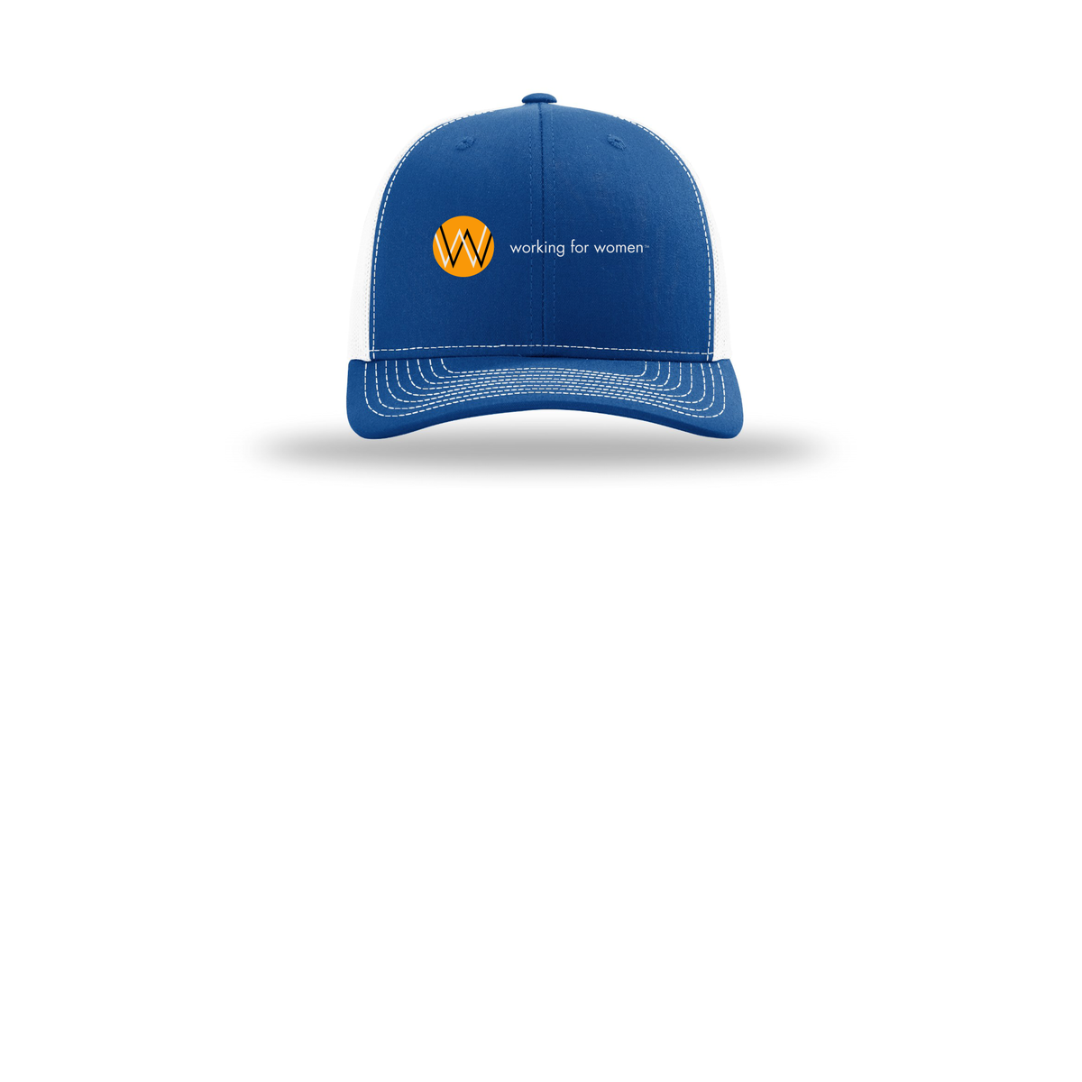 workingforwomen-richardson-trucker-cap-embroidery-capfront-R112-royalwhite-flat-front