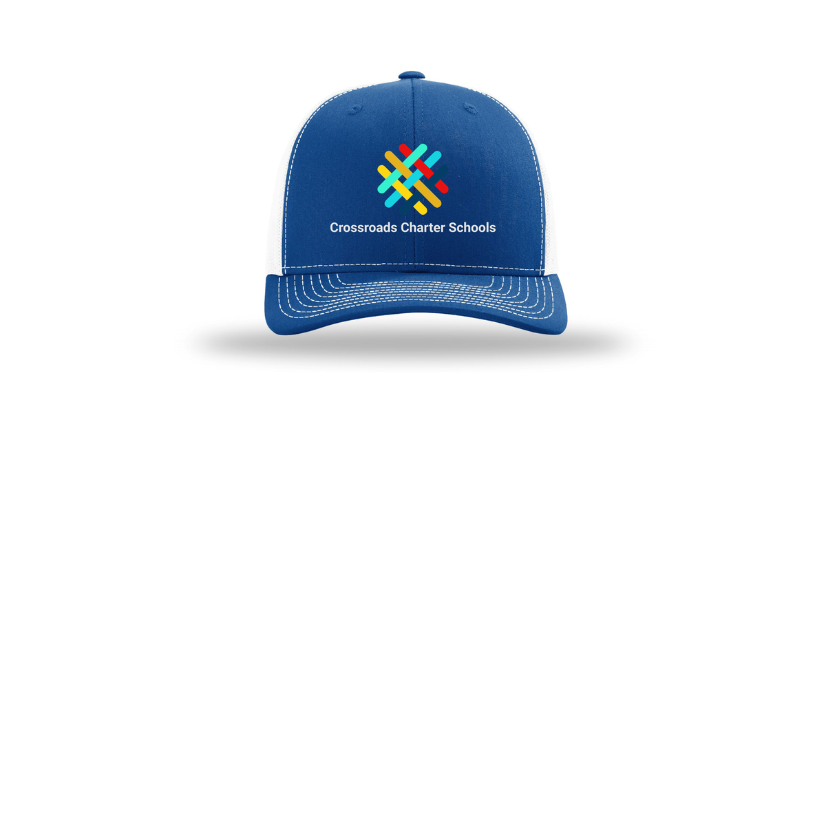 crossroadsschoolskc-richardson-trucker-cap-embroidery-capfront-R112-royalwhite-flat-front