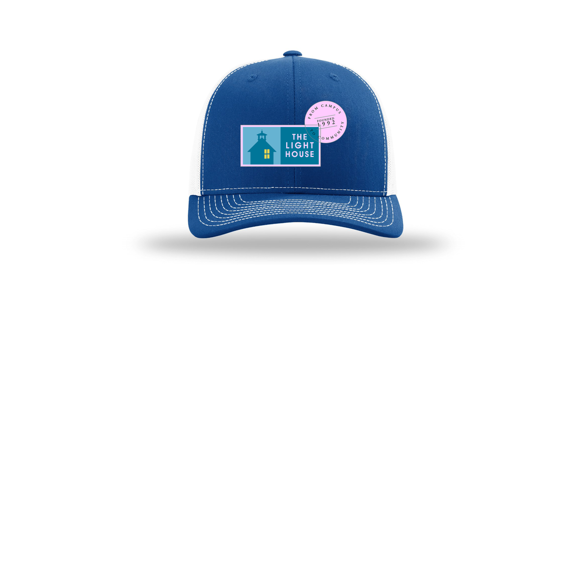 lhcampus-richardson-trucker-cap-embroidery-capfront-R112-royalwhite-flat-front