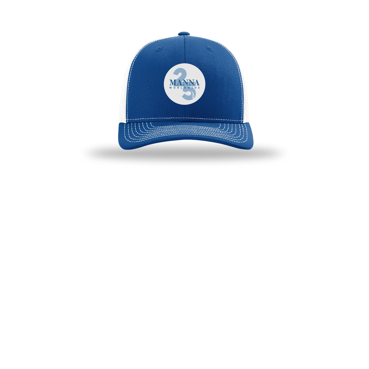 mannaworldwide-richardson-trucker-cap-embroidery-capfront-R112-royalwhite-flat-front