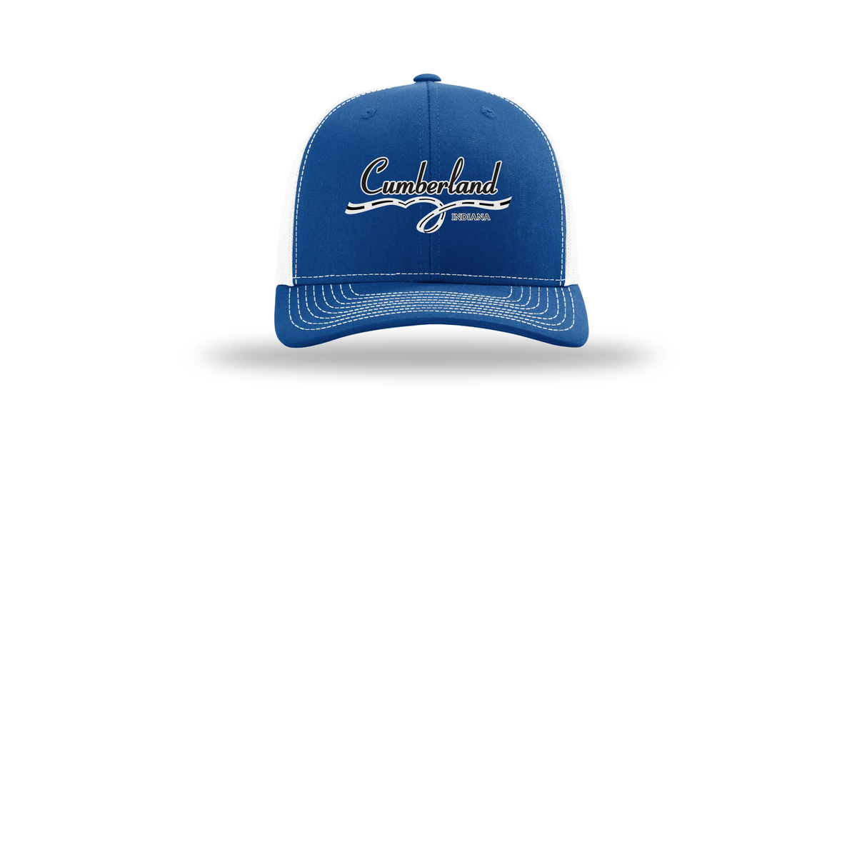 cumberland-richardson-trucker-cap-embroidery-capfront-R112-royalwhite-flat-front