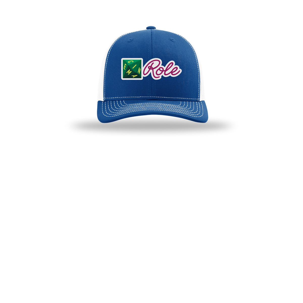 cinemarole-richardson-trucker-cap-embroidery-capfront-R112-royalwhite-flat-front